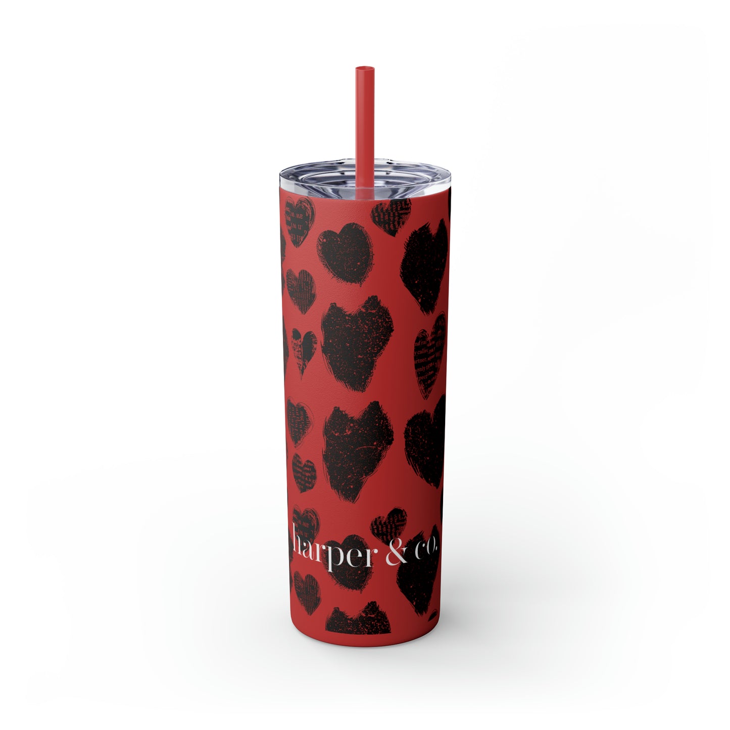 Black Heart Skinny Tumbler with Straw, 20oz