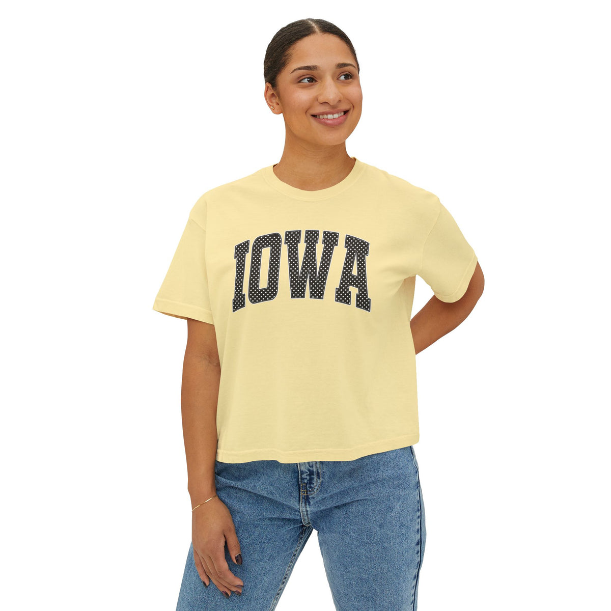 Iowa Boxy Tee — White Dots Women's Cropped College Graphic T-Shirt