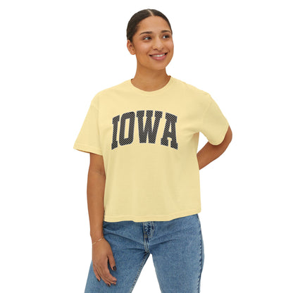 Iowa Boxy Tee — White Dots Women's Cropped College Graphic T-Shirt