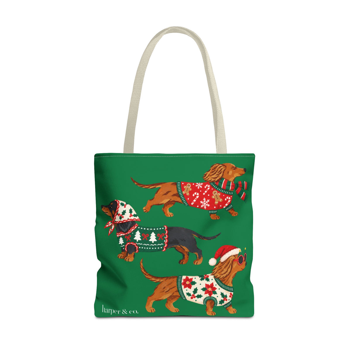 Holiday Dachshund Tote Bag — Christmas Dogs in Festive Sweaters AOP