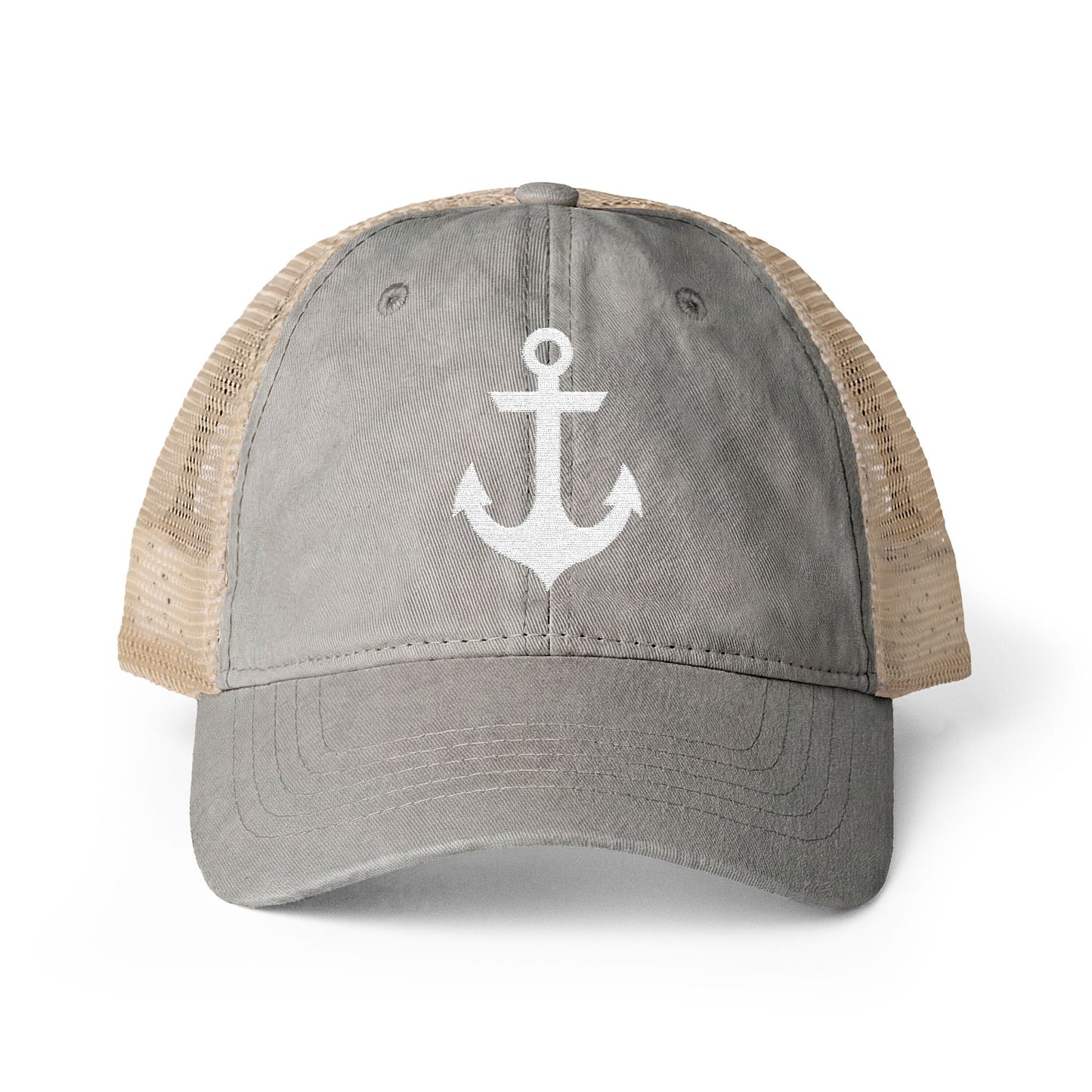 White Anchor Embroidered Women's Washed Mesh-Back Ball Cap