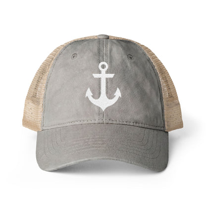 White Anchor Embroidered Women's Washed Mesh-Back Ball Cap
