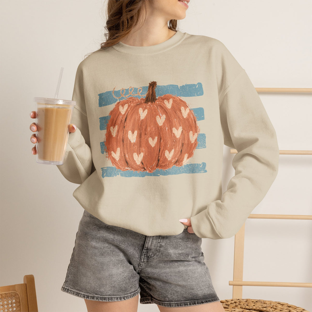 Pumpkin Blue Stripes with Hearts Crewneck Sweatshirt