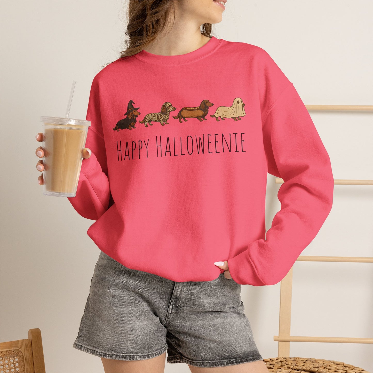 Halloween Dachshund Sweatshirt — "Happy Halloweenie" Cute Halloween Dog Crewneck