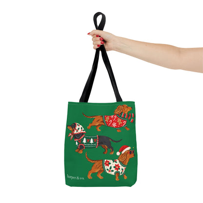 Holiday Dachshund Tote Bag — Christmas Dogs in Festive Sweaters AOP