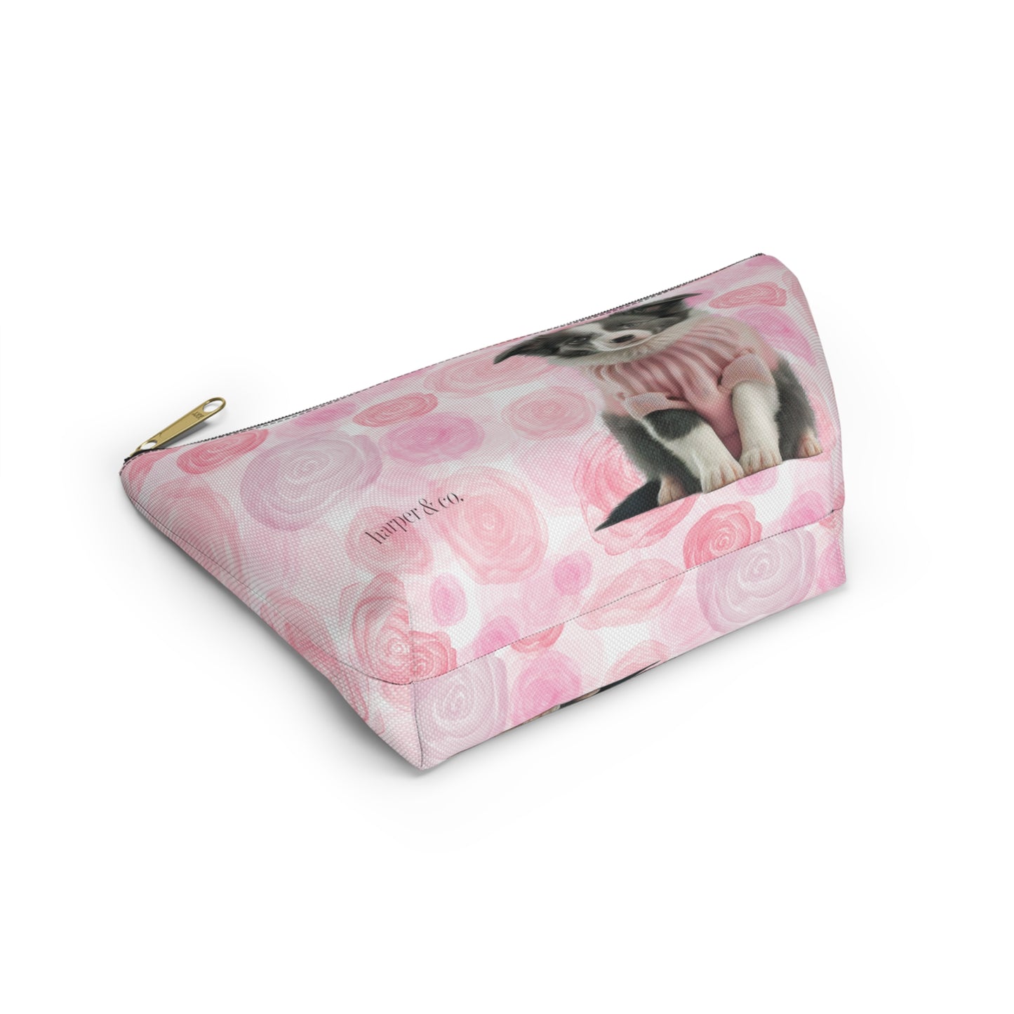 Border Collie & Pink Roses Accessory Pouch w T-bottom