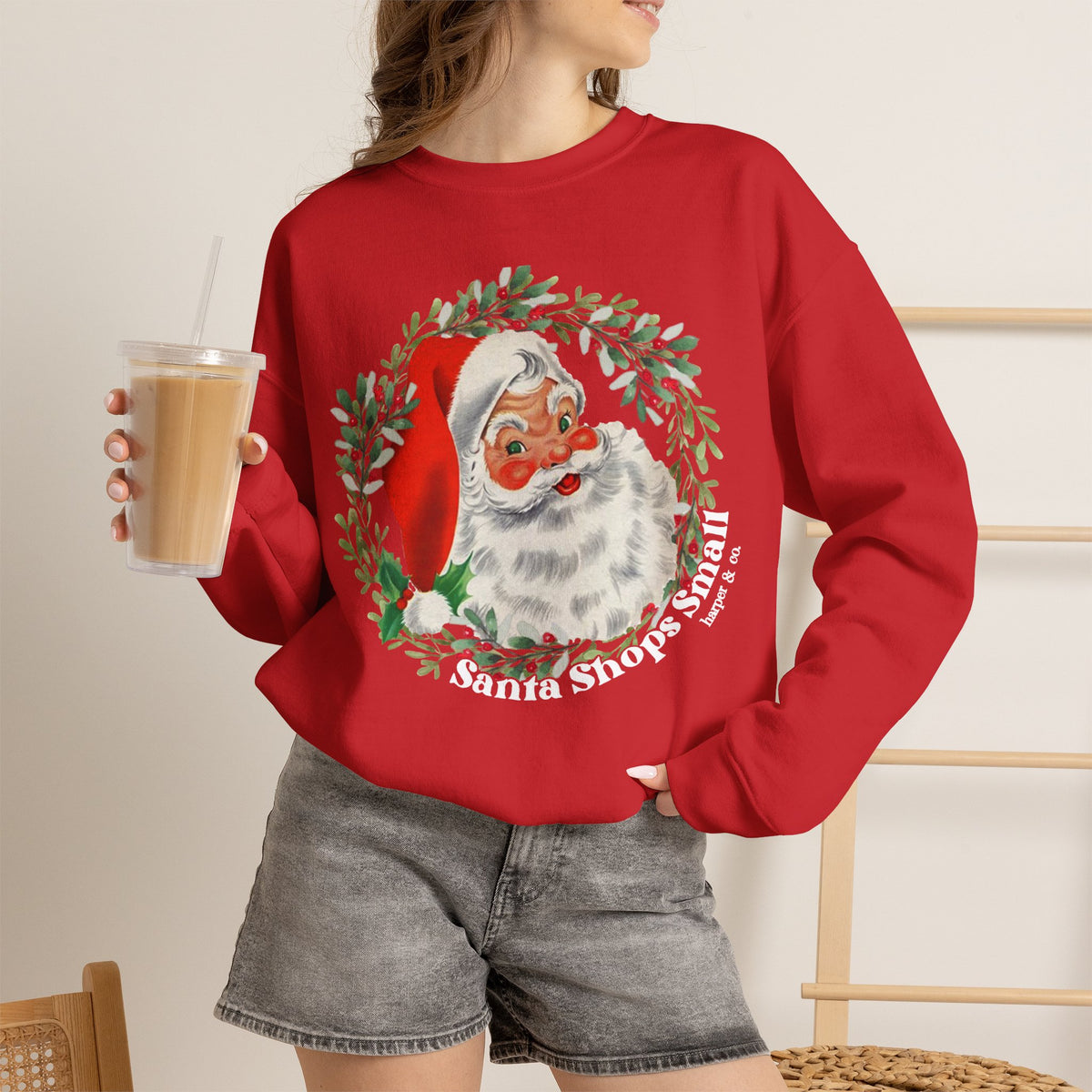 Santa Shops Here Sweatshirt — Vintage Santa Wreath Christmas Heavy Weight Crewneck