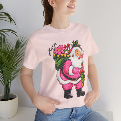 Pink Santa Christmas T-Shirt — Retro Holiday Santa Carrying Poinsettias Tee
