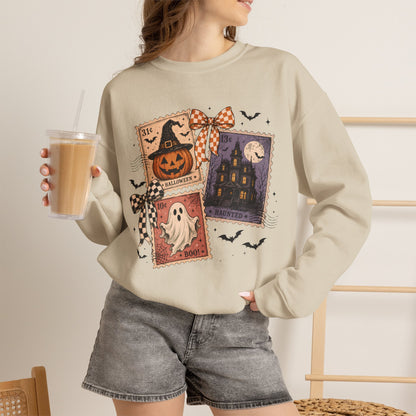 Halloween Patchwork Sweatshirt — Haunted House, Pumpkin & Ghost Crewneck