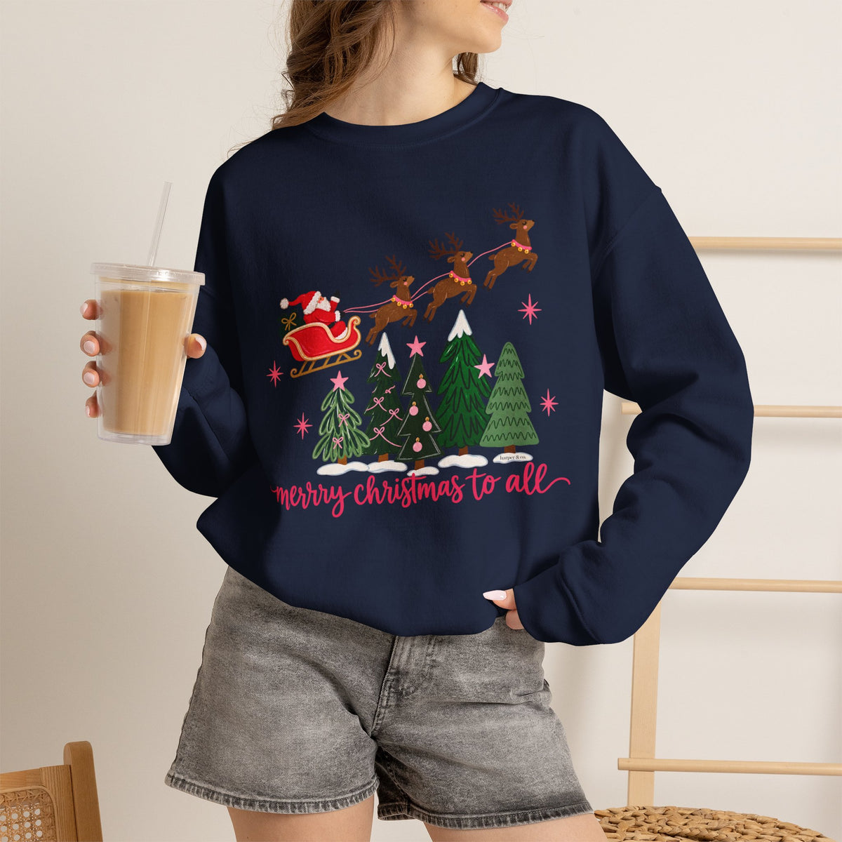 Christmas Crewneck Sweatshirt — "Merry Christmas to All" Santa & Reindeer Holiday Sweatshirt