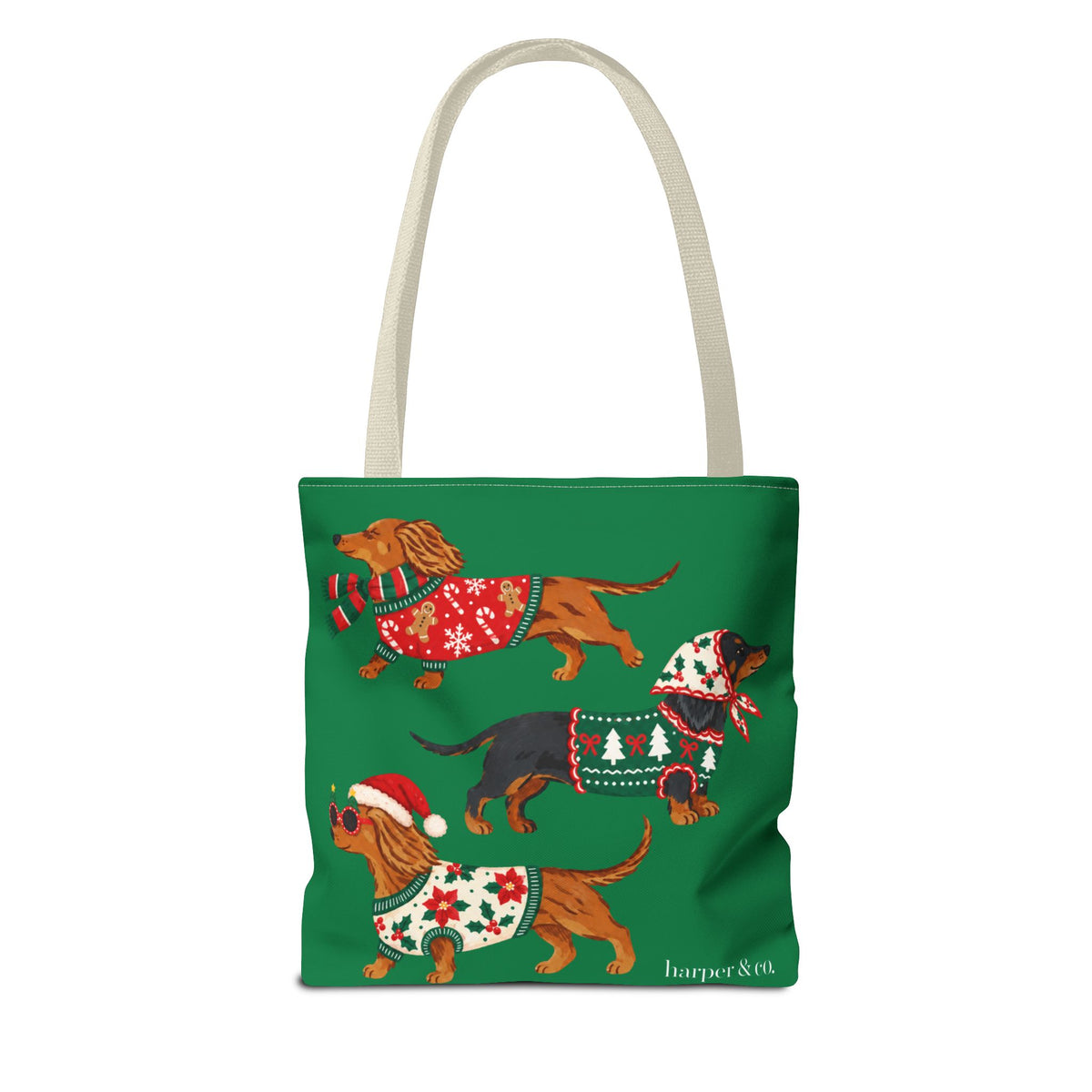 Holiday Dachshund Tote Bag — Christmas Dogs in Festive Sweaters AOP