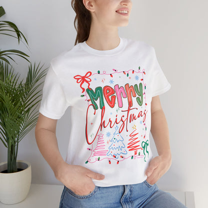 Merry Christmas Graphic Tee – Festive Holiday Holiday Lights & Trees Shirt
