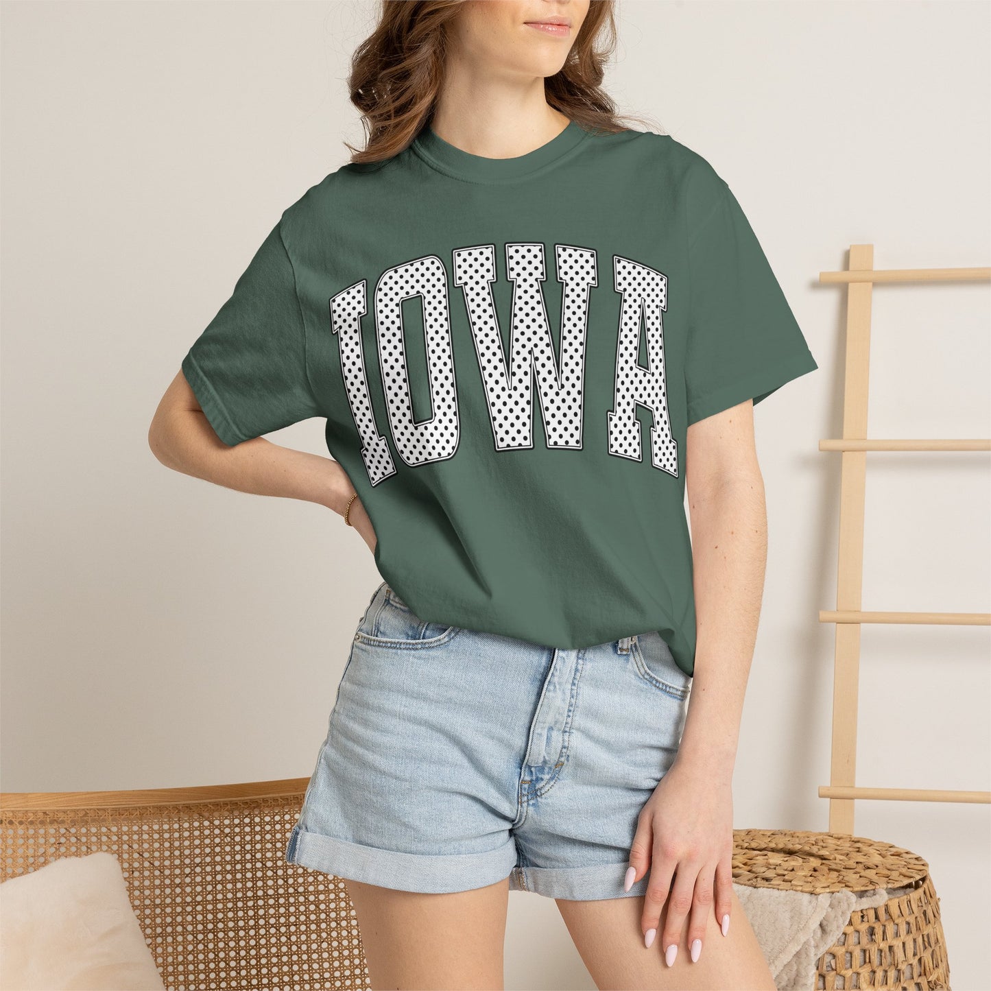 Iowa Retro Polka Dot Mesh Lettering Color Comfort T-Shirt