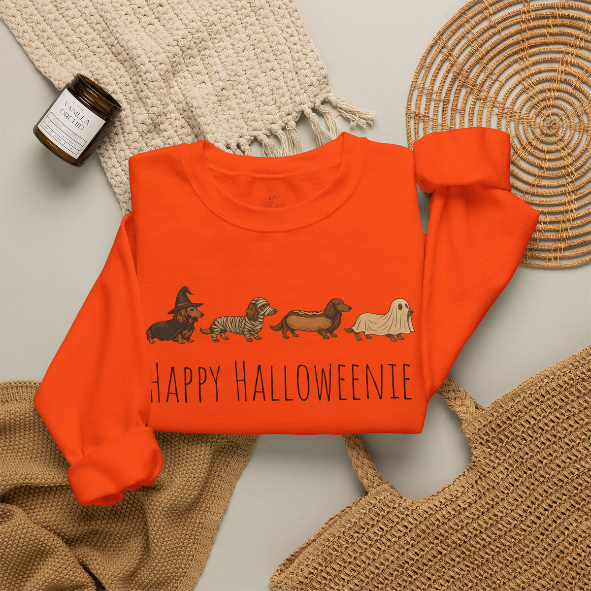 Halloween Dachshund Sweatshirt — "Happy Halloweenie" Cute Halloween Dog Crewneck