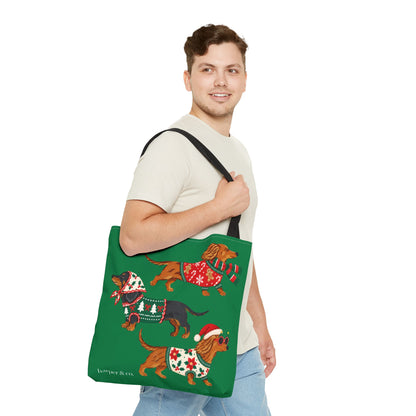 Holiday Dachshund Tote Bag — Christmas Dogs in Festive Sweaters AOP