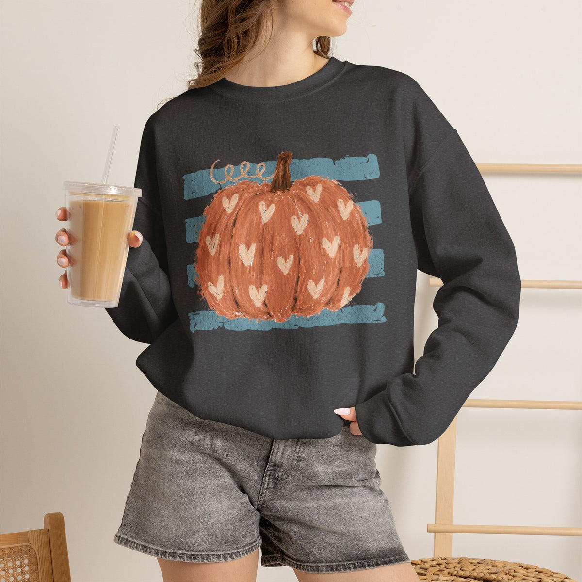 Pumpkin Blue Stripes with Hearts Crewneck Sweatshirt