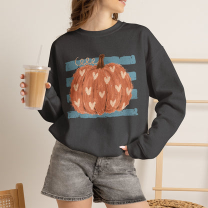 Pumpkin Blue Stripes with Hearts Crewneck Sweatshirt