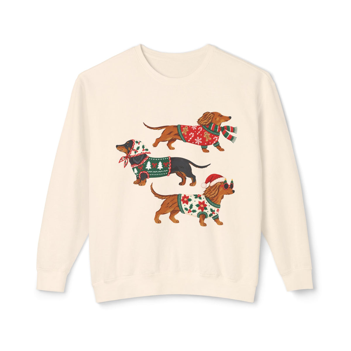 Dachshund Trio Christmas Sweatshirt — Festive Wiener Dogs in Holiday Sweaters