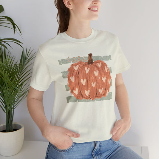 Pumpkin Heart Tee — Rustic Green Striped Autumn Pumpkin T‑Shirt