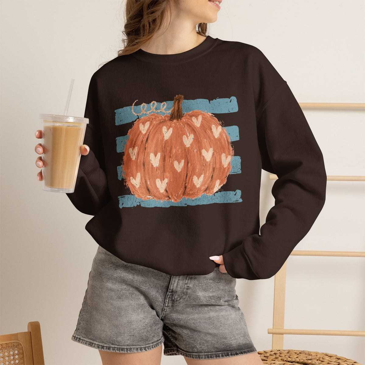 Pumpkin Blue Stripes with Hearts Crewneck Sweatshirt