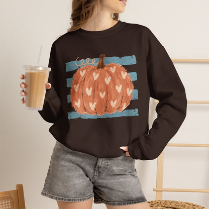 Pumpkin Blue Stripes with Hearts Crewneck Sweatshirt