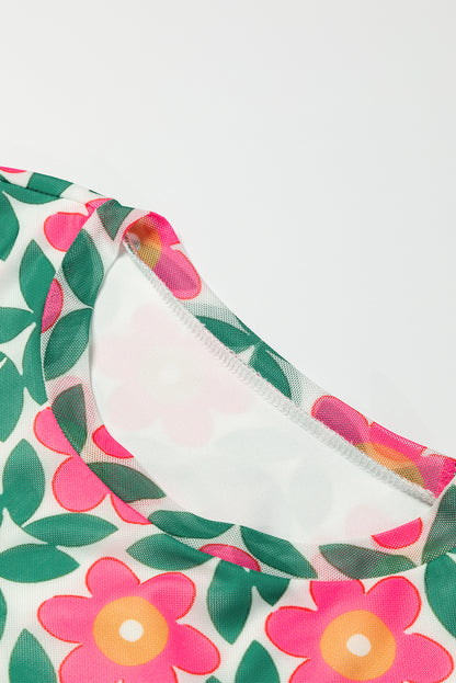 Fiery Red Retro Floral Print Stretchy Mesh Long Sleeve Top