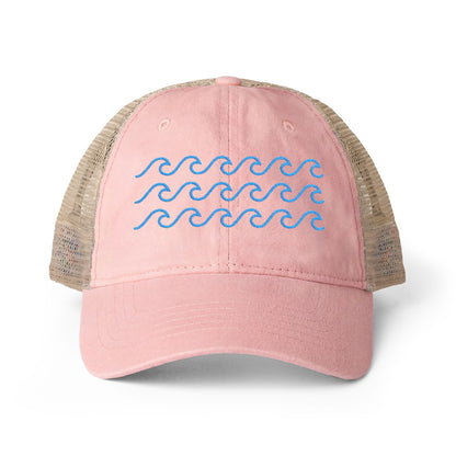 Waves Embroidered Women's Washed Mesh-Back Ball Cap