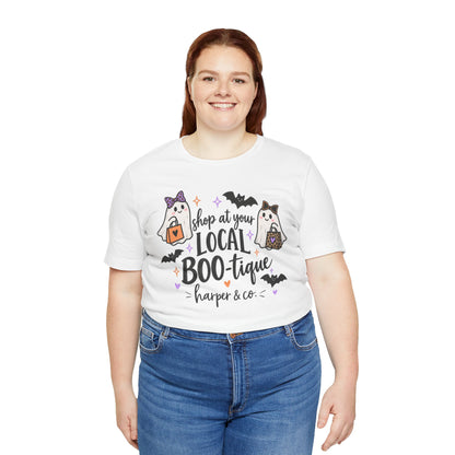 T-Shirt — "Shop at Your Local BOO-tique" Halloween Ghost Boutique Tee