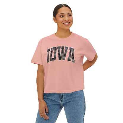 Iowa Boxy Tee — White Dots Women's Cropped College Graphic T-Shirt