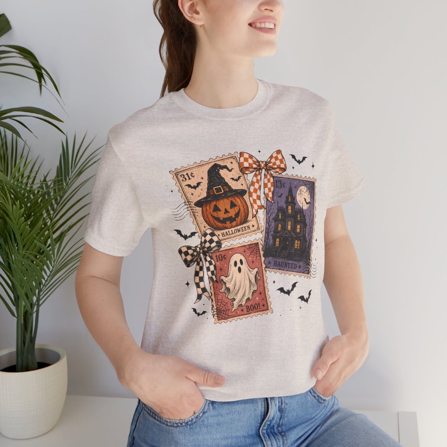 Halloween Stamp Tee — Haunted House, Pumpkin & Ghost Vintage Postage T-Shirt