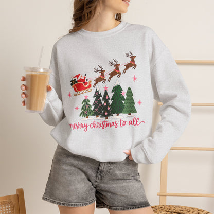 Christmas Crewneck Sweatshirt — "Merry Christmas to All" Santa & Reindeer Holiday Sweatshirt