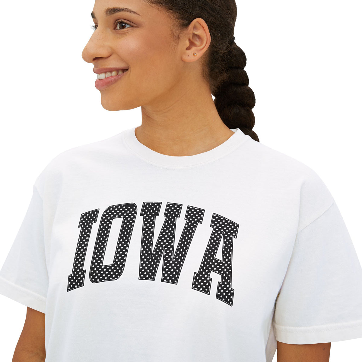 Iowa Boxy Tee — White Dots Women's Cropped College Graphic T-Shirt
