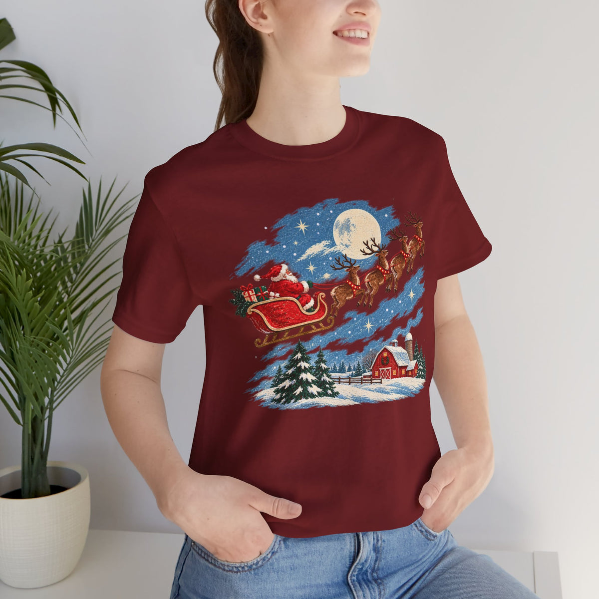 Christmas Tee — Santa Sleigh over Snowy Farm Holiday T‑Shirt