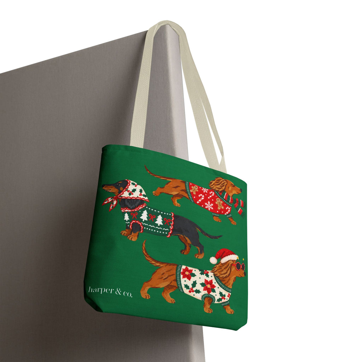 Holiday Dachshund Tote Bag — Christmas Dogs in Festive Sweaters AOP