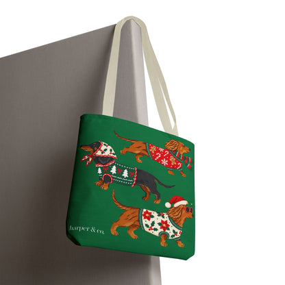 Holiday Dachshund Tote Bag — Christmas Dogs in Festive Sweaters AOP