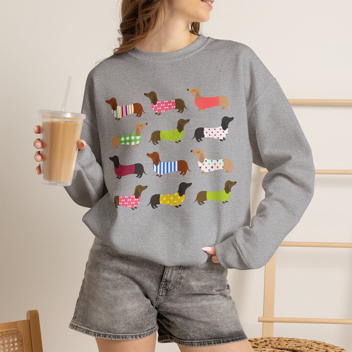 Colorful Dachshund Crewneck Sweatshirt — Vibrant Wiener Dog Design