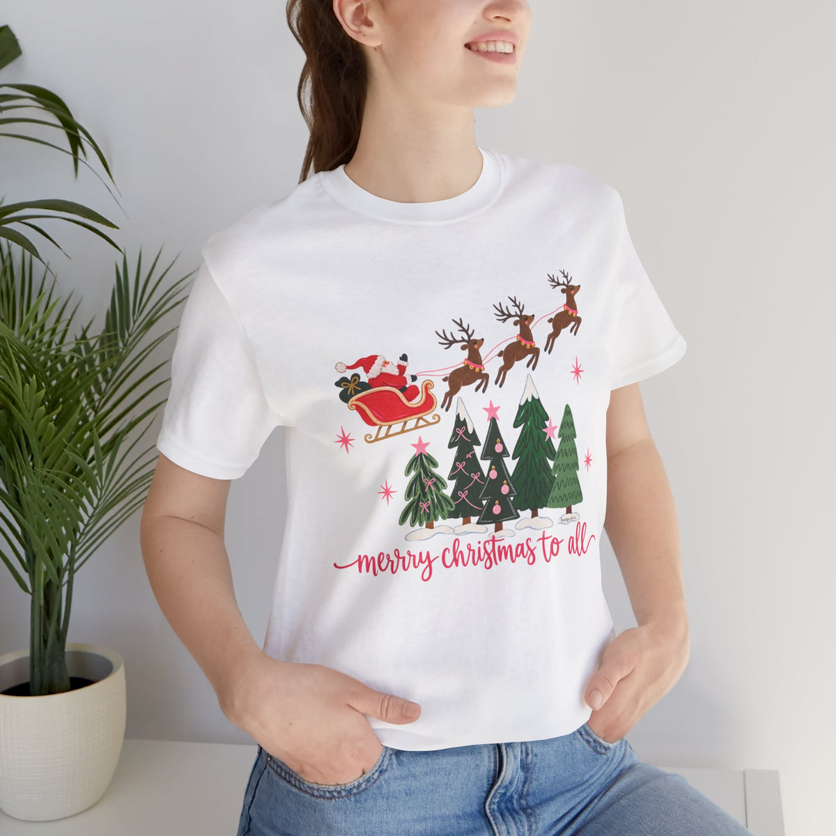 Christmas Tee - 'Merry Christmas to All' Santa Sleigh & Reindeer Holiday T-Shirt