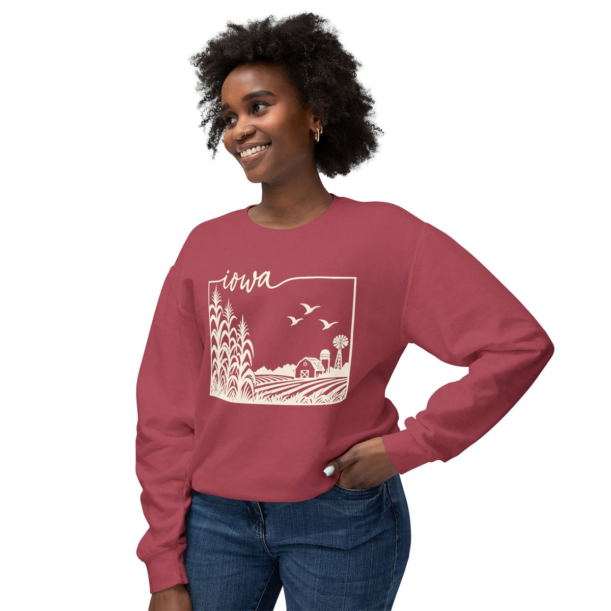 Iowa Farm Scene Crewneck Sweatshirt — Minimal Midwest Landscape