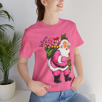 Pink Santa Christmas T-Shirt — Retro Holiday Santa Carrying Poinsettias Tee
