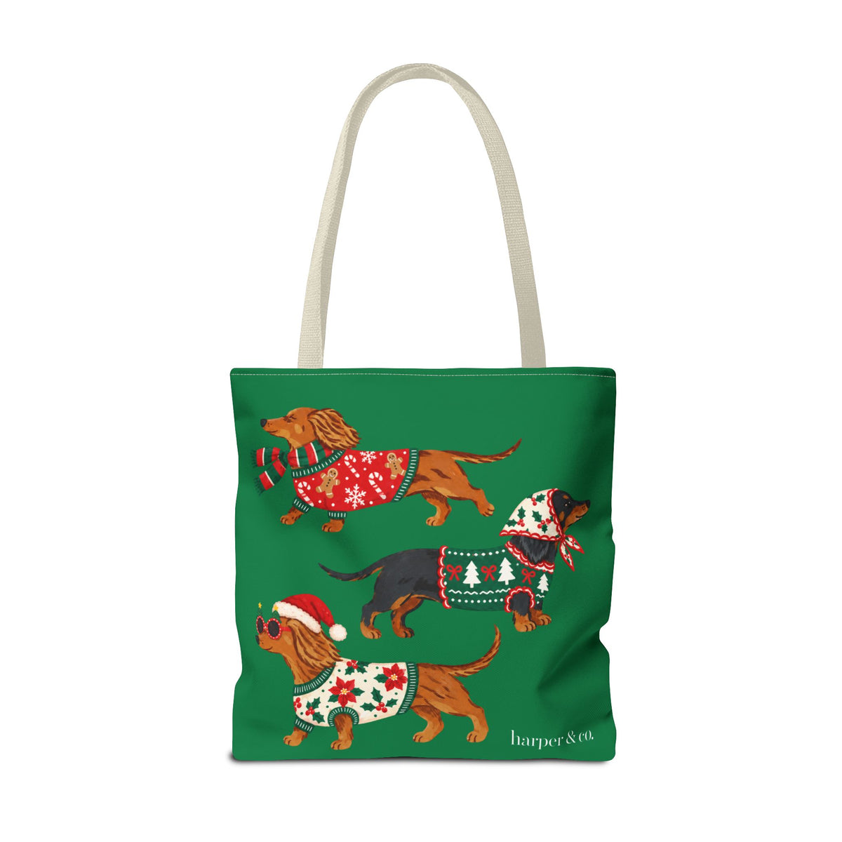 Holiday Dachshund Tote Bag — Christmas Dogs in Festive Sweaters AOP