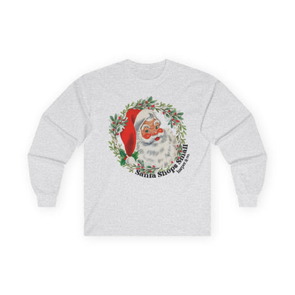 Vintage Santa Wreath Long Sleeve Tee — "Santa Shops Small" Christmas Shirt