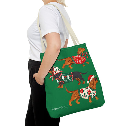 Holiday Dachshund Tote Bag — Christmas Dogs in Festive Sweaters AOP