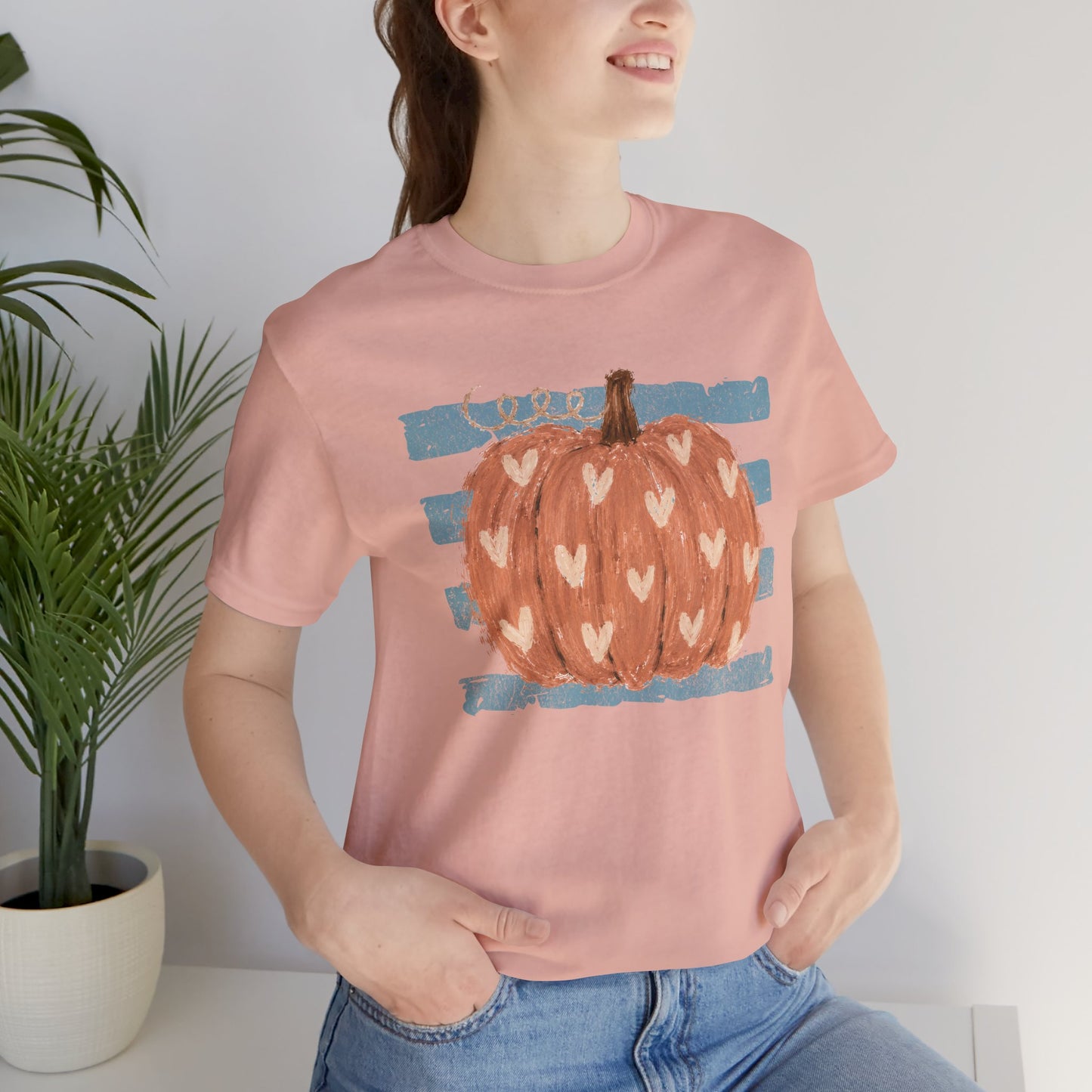 Pumpkin Heart Tee — Rustic Striped Autumn Pumpkin T‑Shirt