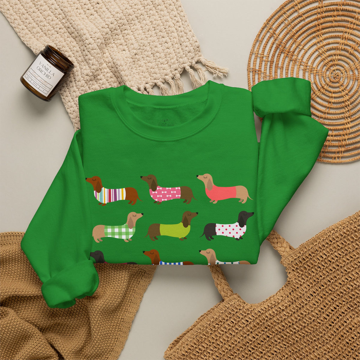 Colorful Dachshund Crewneck Sweatshirt — Vibrant Wiener Dog Design