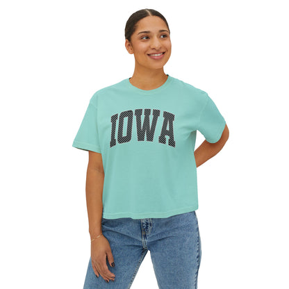 Iowa Boxy Tee — White Dots Women's Cropped College Graphic T-Shirt