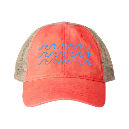 Waves Embroidered Women's Washed Mesh-Back Ball Cap