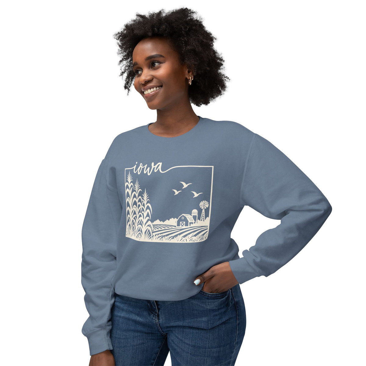 Iowa Farm Scene Crewneck Sweatshirt — Minimal Midwest Landscape