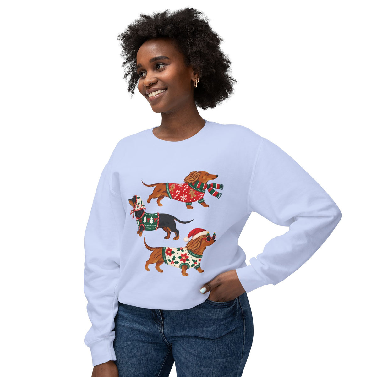 Dachshund Trio Christmas Sweatshirt — Festive Wiener Dogs in Holiday Sweaters