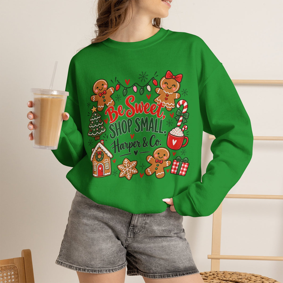 Holiday Sweatshirt — "Be Sweet Shop Small" Cute Gingerbread Christmas Crewneck