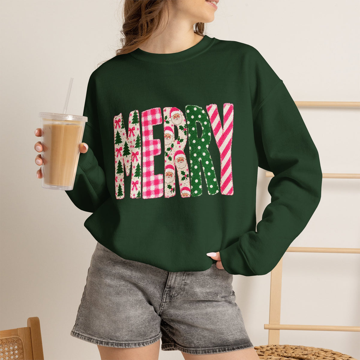Merry Patchwork Crewneck Sweatshirt — Festive Christmas Plaid & Candy Cane Design
